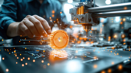 Leinwandbilder - Innovative engineer using 3D printer to create detailed design, showcasing advanced technology and creativity in modern workspace