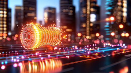 Poster - vibrant 3D model of renewable energy concept, featuring glowing cylindrical design amidst futuristic cityscape. image conveys innovation and sustainability