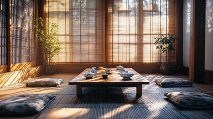 Poster - Korean traditional room with low wooden table and cushions during afternoon sunlight. Generative AI