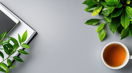 Fototapete - modern workspace featuring cup of tea, notebook, and lush green plants creates serene atmosphere for productivity and relaxation