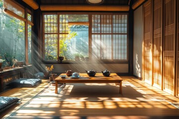 Poster - Warm sunlight filters through traditional Korean interior, casting shadows on tea setup in a serene environment. Generative AI