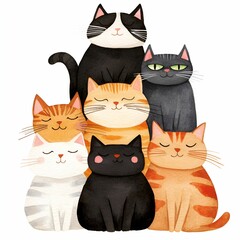 Naklejka na meble A charming illustration of seven adorable cats stacked in a playful arrangement, showcasing a variety of colors and expressions.