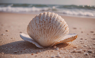 Fototapete - A large white seashell is laying on the beach. The shell is partially buried in the sand, and the beach is calm and peaceful