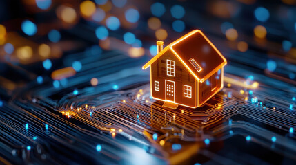 Poster - futuristic 3D smart home model illuminated with glowing circuits, showcasing advanced technology and innovation in home design