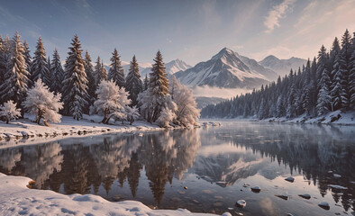 Poster - A snowy landscape with a river and mountains in the background. The scene is peaceful and serene, with the snow-covered trees reflecting the beauty of the landscape