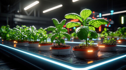 Aufkleber - Innovative indoor garden showcasing various plants in modern pots, illuminated by neon lights, emphasizing sustainable agriculture and technology