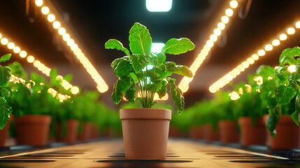 Leinwandbilder - vibrant green plant in pot stands out in futuristic indoor farm, surrounded by rows of healthy plants under bright lights, showcasing advanced agricultural technology