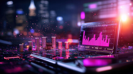 Fototapete - vibrant smart city command center with AI driven analytics displayed on laptop, showcasing colorful data visualizations and futuristic cityscape elements