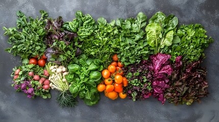 Vibrant and clean arrangement of various organic vegetables and fresh herbs displayed on a modern kitchen countertop symbolizing healthy cooking and balanced nutrition