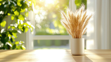 Aufkleber - modern vase with dried grass sits on wooden table, illuminated by soft sunlight. warm ambiance creates serene atmosphere, perfect for home decor