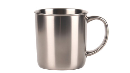 Shiny steel mug with a smooth finish, ideal for product displays or promotional use, isolated on transparent background