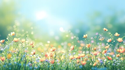 Wall Mural - Beautiful sunny spring meadow with wild flowers. Spring background with light bokeh and space for text.	
