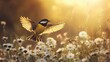 © NafisaNajmin - 'A vibrant yellow tit soars gracefully over a field of white daisies on a sunlit summer evening, wings spread wide.'