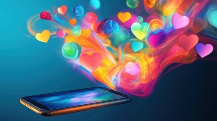 Leinwandbilder - Bright chat bubbles and hearts flow out of a smartphone in a lively digital interaction. Generative AI