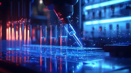 Wall Mural - detailed scientific experiment featuring a pipette and test tubes under a sleek and professional blu