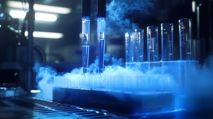 Wall Mural - detailed scientific experiment featuring a pipette and test tubes under a sleek and professional blu