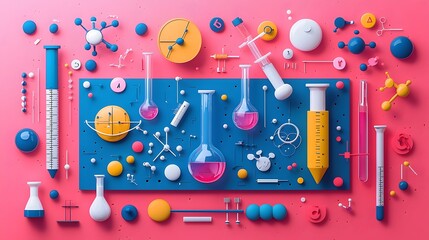 Wall Mural - playful and vibrant flat art design showcasing an array of scientific laboratory equipment chemical 
