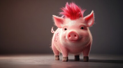 Poster - Cute pink pig with mohawk and tattoos, standing on a dark floor.