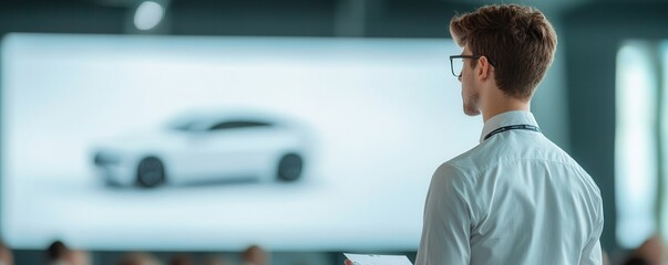 Leinwandbilder - A professional looking at a digital display featuring a white car, suggesting a presentation or automotive showcase setting.