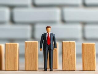Leinwandbilder - A miniature figure in a suit stands between wooden blocks, symbolizing business growth, strategy, and decision-making against a blurred brick background.