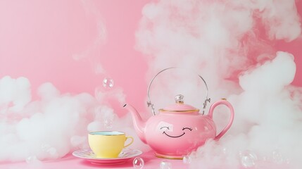 Sticker - Cute pink tea kettle and cup with steam and bubbles on a pink background.