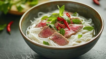 Wall Mural - Image of rice and Vietnamese pho with beef slices and fresh herbs in a traditional bowl, emphasizing aromatic and savory qualities. Ideal for Vietnamese cuisine and comfort meals.