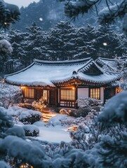 Poster - Winter evening at a traditional Korean house surrounded by snow and serene nature. Generative AI