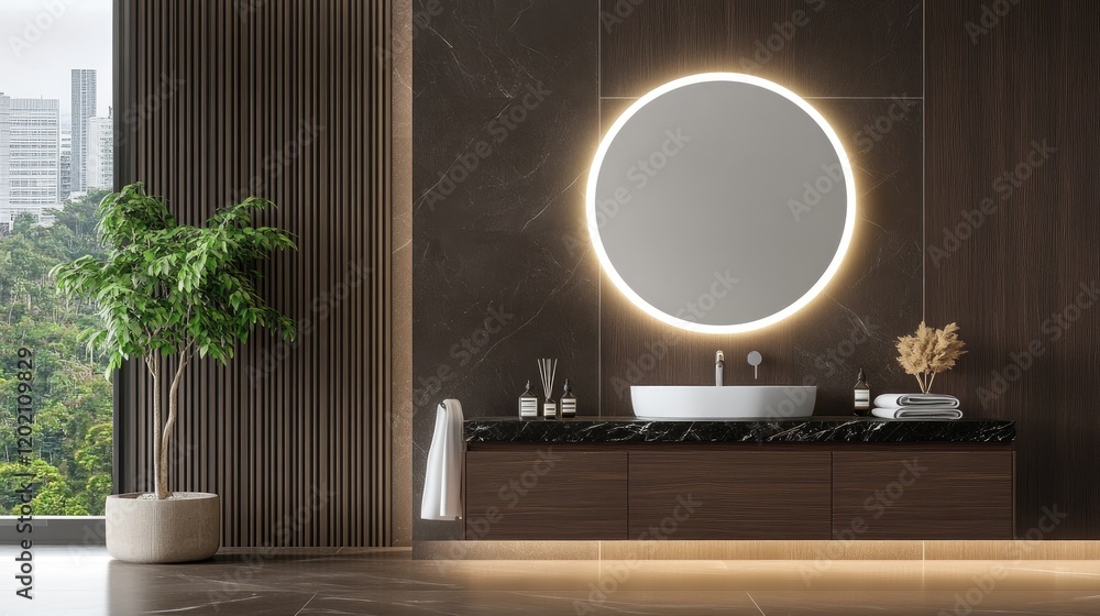 Brightly lit modern bathroom showcases a round mirror, black marble ...