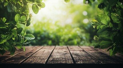 Sticker - Empty wooden table with green leaves and sunlight creating relaxing atmosphere