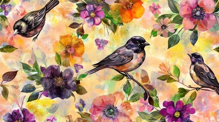 Wall Mural - Watercolor painting of birds and flowers.