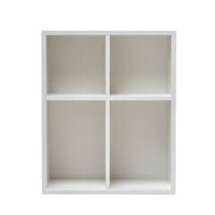 Poster - A simple, empty, four-compartment white shelf unit stands against a textured white wall.