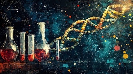 Wall Mural - abstract science themed digital featuring dna strands test tubes and chemical flasks in a style conc