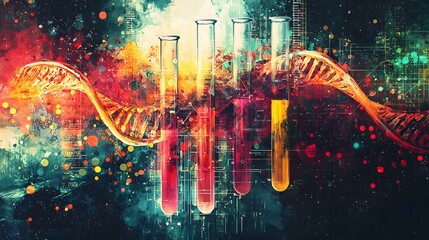 Wall Mural - abstract science themed featuring dna strands test tubes chemical flasks and other laboratory equipm