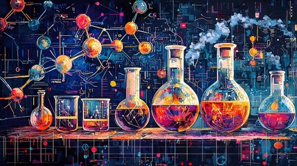 Wall Mural - colorful and layered digital artwork showcasing stylized representations of laboratory equipment and