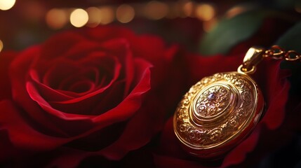 Wall Mural - Golden Pendant and Red Rose Romantic Still Life