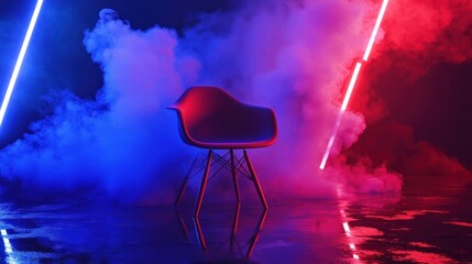 Wall Mural - red chair in neon light and smoke.