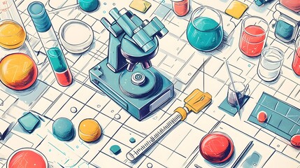 Wall Mural - engaging science themed digital showcasing a mix of hand drawn laboratory equipment and abstract geo