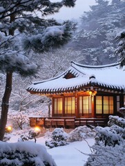 Aufkleber - Snow covered traditional Korean house illuminated at night in a serene winter landscape. Generative AI