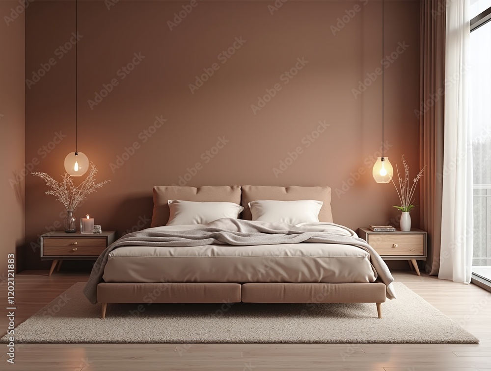 Luxurious bedroom with warm Mocha mousse color scheme 2025 trend Brown ...