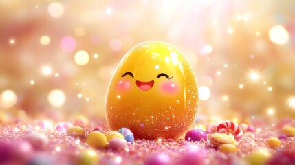 Poster - Cute, smiling, golden egg surrounded by colorful candies and sparkling lights.