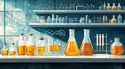Wall Mural - interpretation of a science lab featuring flasks pipettes and dna patterns with layered textures cre