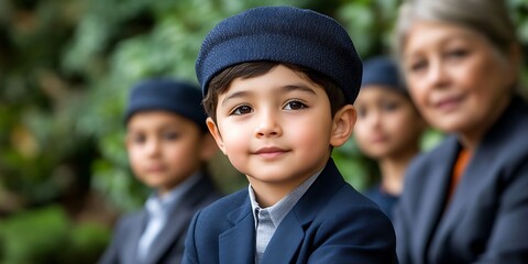 Portrait of a young boy in a navy blue suit and hat, with blurred adults and children in the background.