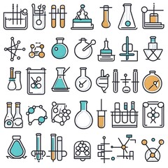 Wall Mural - outline of 50 scientific icons representing various lab experiments chemical formulas and research t