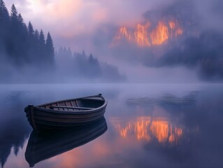 Wall Mural - misty lake sunrise boat tranquil scene reflections mountains peaceful dawn