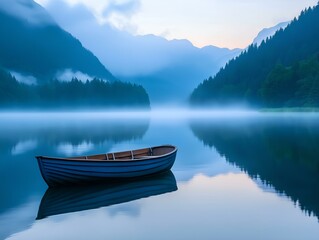 Wall Mural - misty lake sunrise boat tranquil scene reflections mountains peaceful dawn