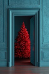 Canvas Print - Red Christmas Tree in Blue Room