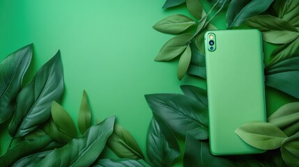 Canvas Print - Green Phone Surrounded by Leaves