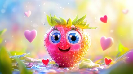 Poster - Cute strawberry character with big eyes and a happy expression, surrounded by hearts and vibrant colors.