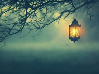 Wall Mural - misty morning lantern hanging tree branch soft light tranquil scene dark hues