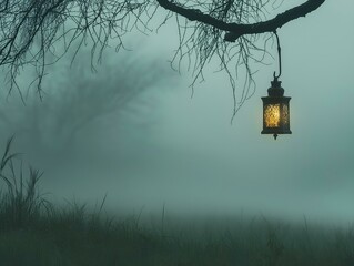 Wall Mural - misty evening lantern hanging tree branch soft light tranquil scene dark hues